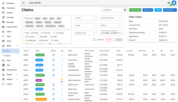 VGPM billing dashboard showing claims, denials, and ERA reconciliation