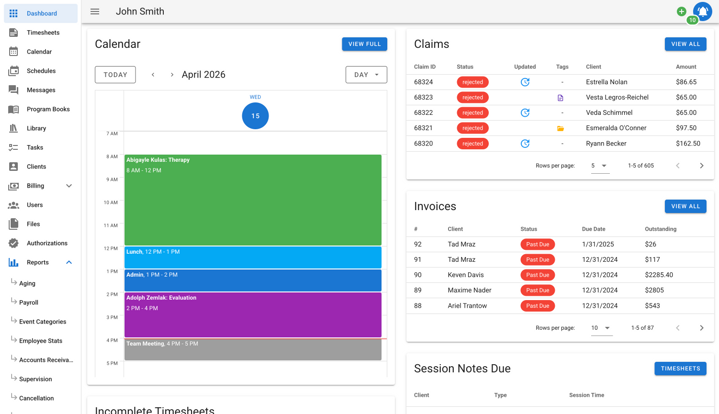 VGPM dashboard showing scheduling, claims, and clinical workflows