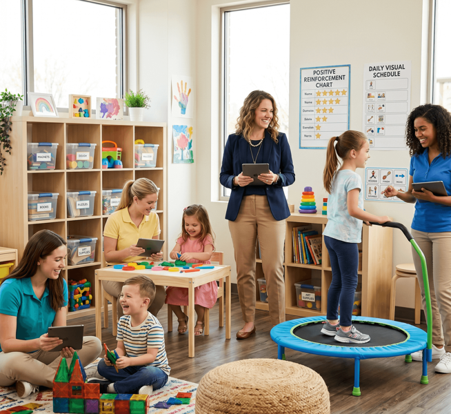 A ABA clinic setting with therapists working with children and a manager looking at the VGPM dashboard on a tablet