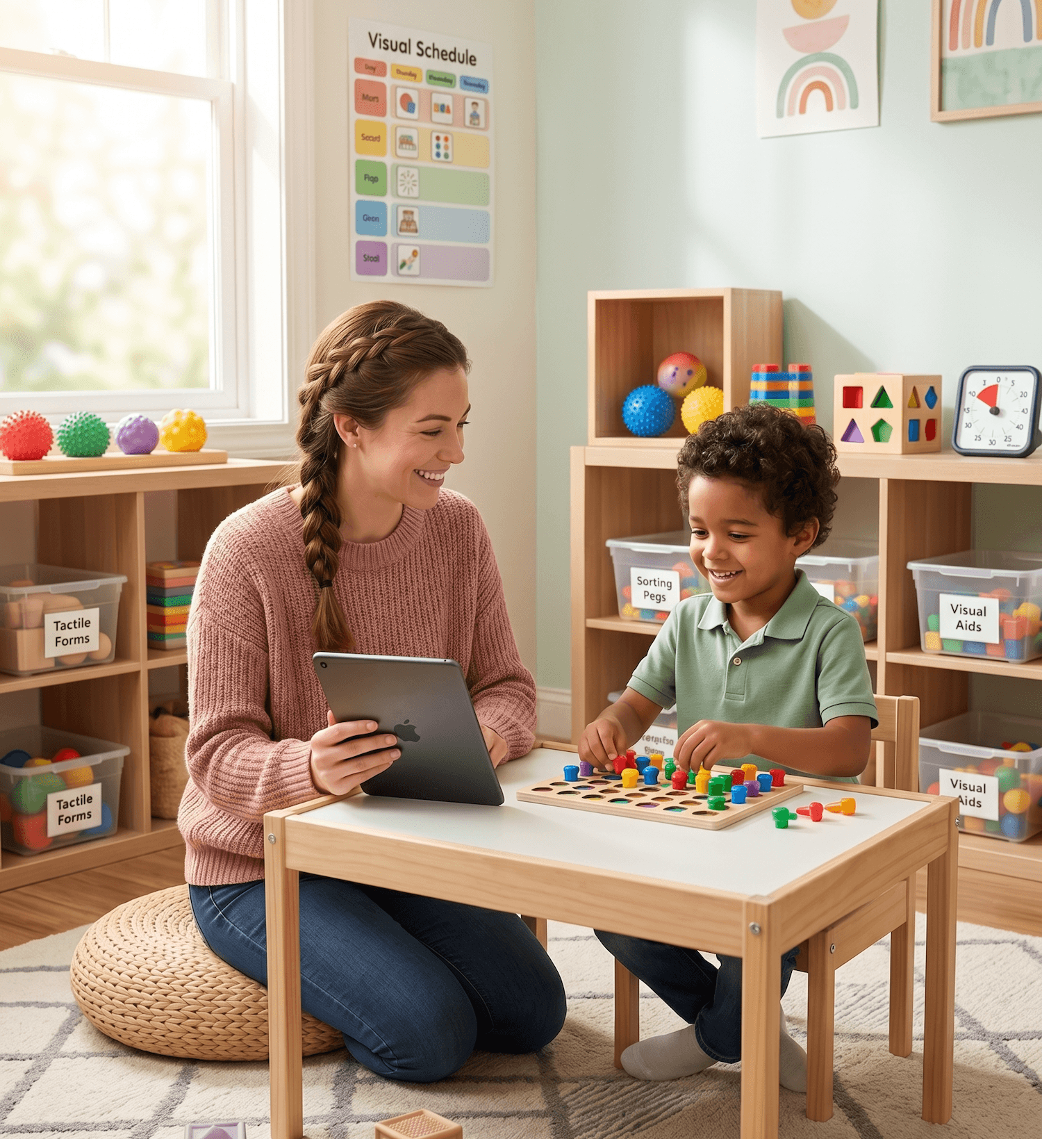 ABA clinician working with a client in a well-organized practice